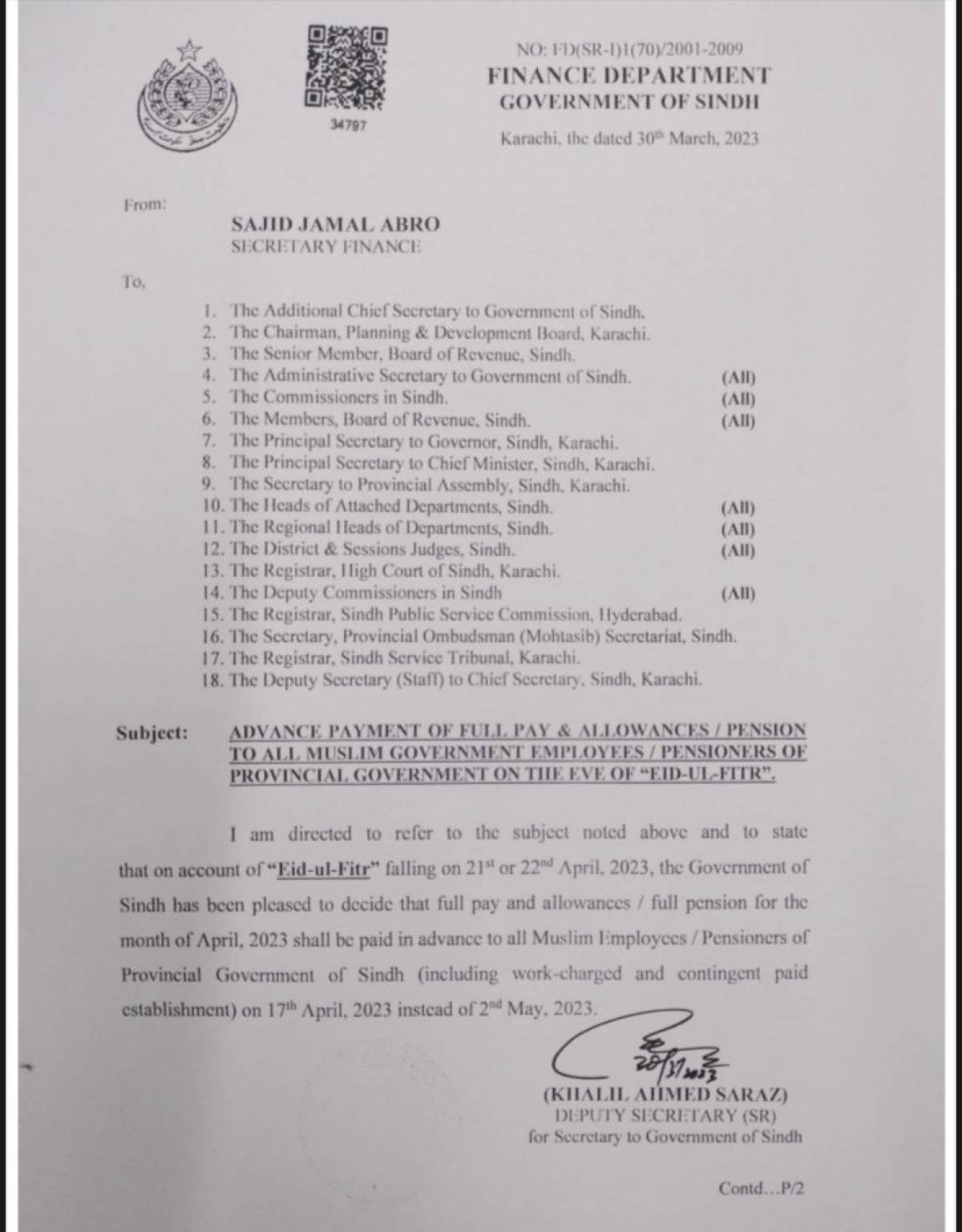 Govt and Pension Employees get Advance salary of Eid ul Fitr 2023