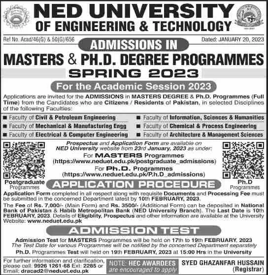 NED University Fee Structure per Semester