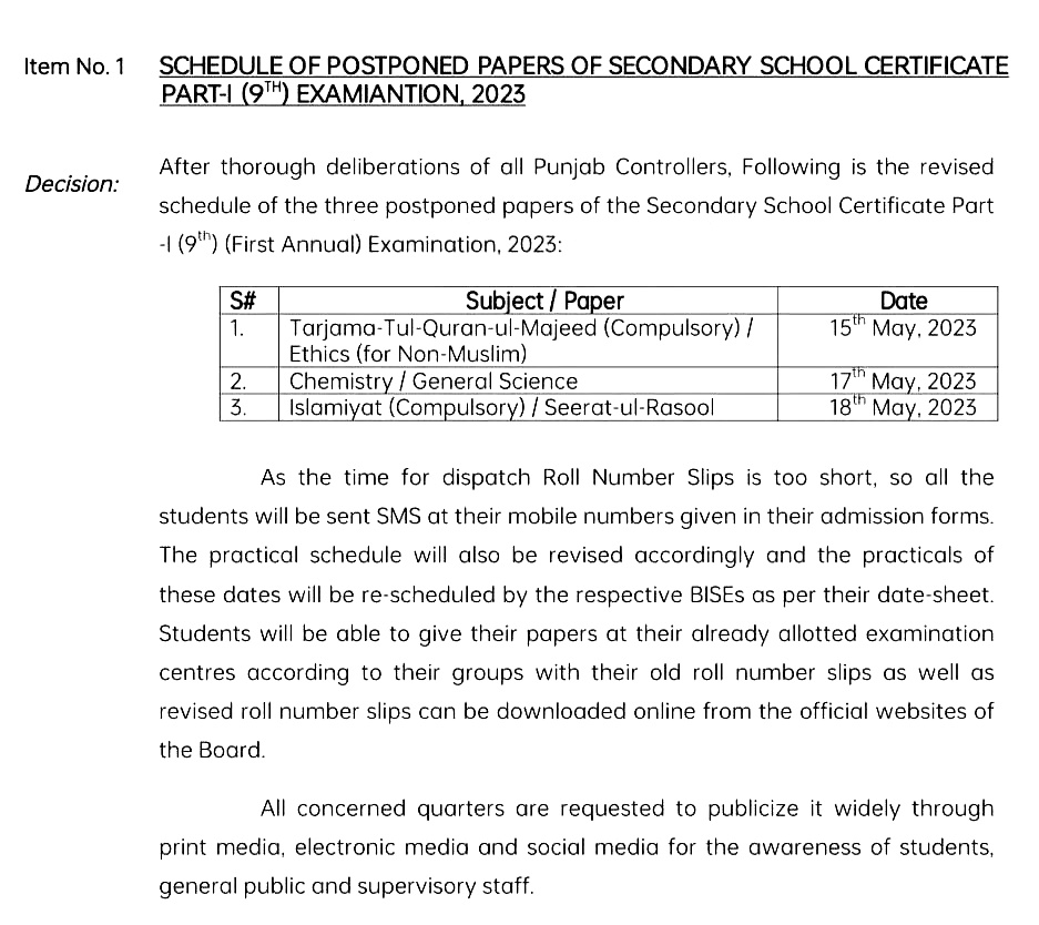 New Datesheet For 9th Class in Punjab 2023 After Postponed Papers