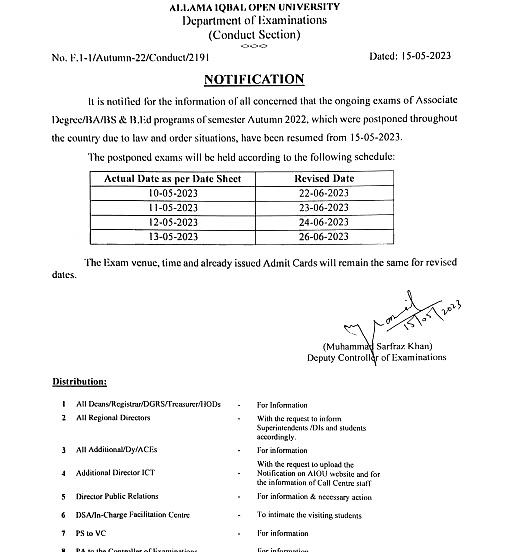 AIOU New Exam Dates For Postponed Papers 