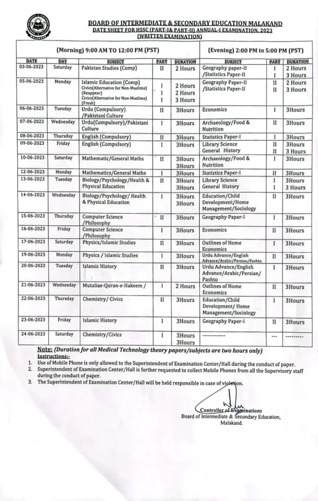 BISE Malakand Board HSSC 11th & 12th Class Annual Exam Date Sheet