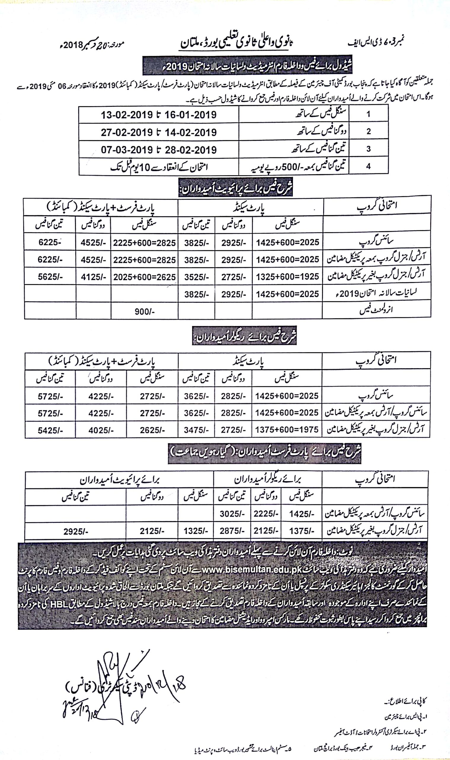 BISE Multan Board Inter FA FSc Admission Forms