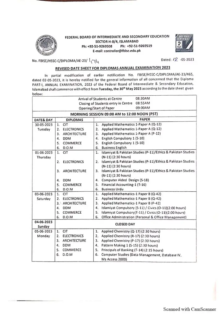 FBISE Diplomas Annual Exams Revised Date Sheet 