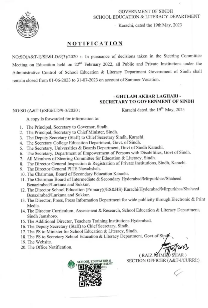 Summer Vacations in Sindh Schools Notification