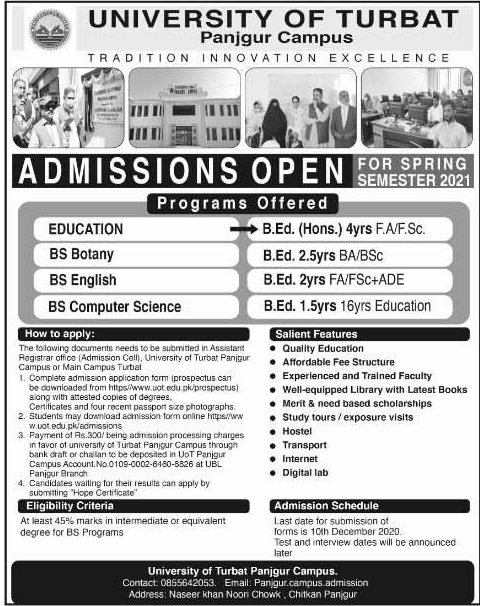 University of Turbat Balochistan Admission
