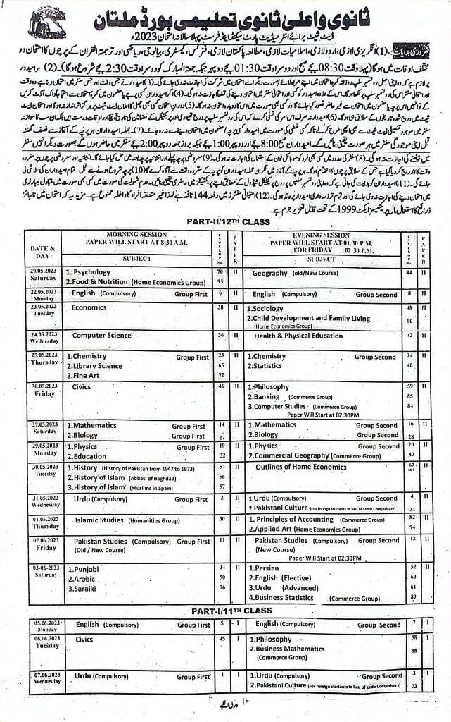 Bise Multan Board Inter 2nd Year Date Sheet 