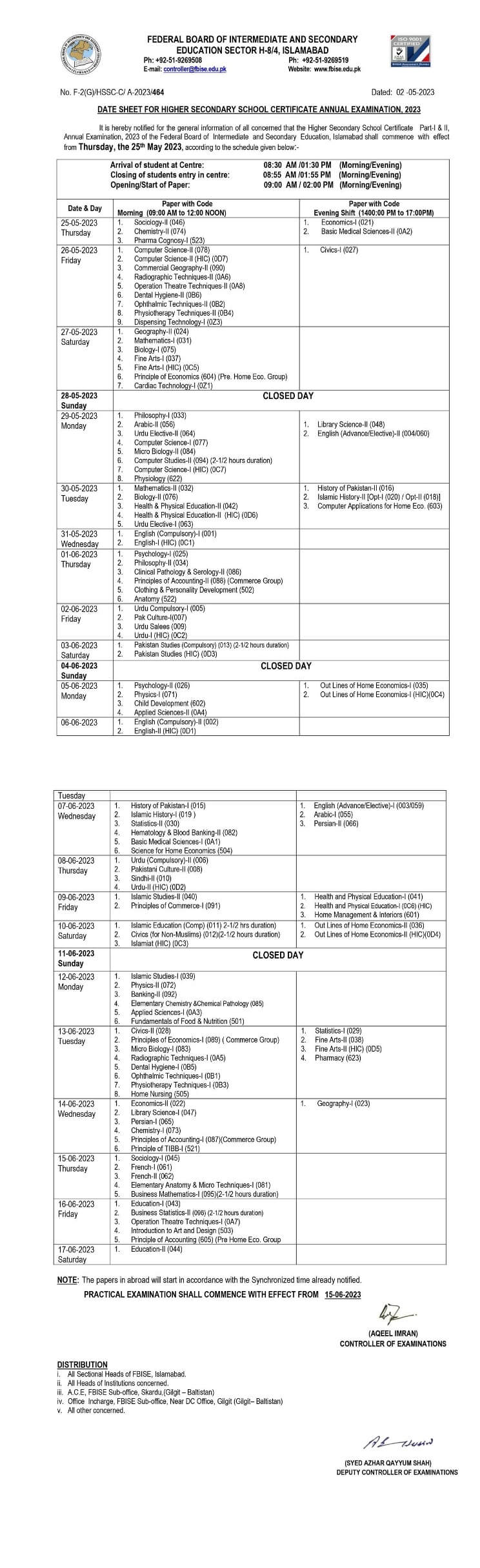 FBISE Inter 1st Year & 2nd Year Date Sheet