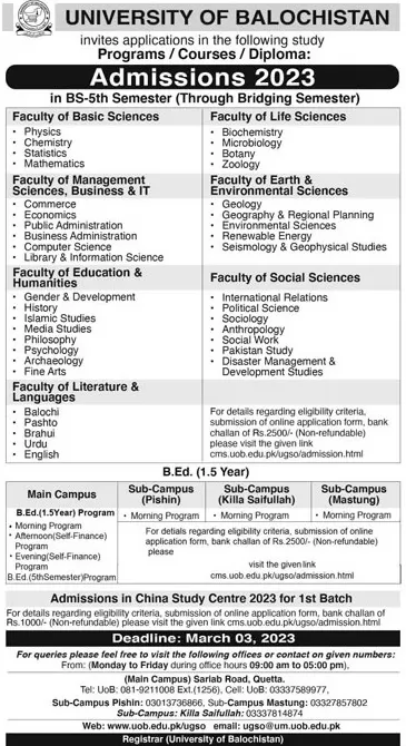 University Of Balochistan Quetta Admission Advertisement