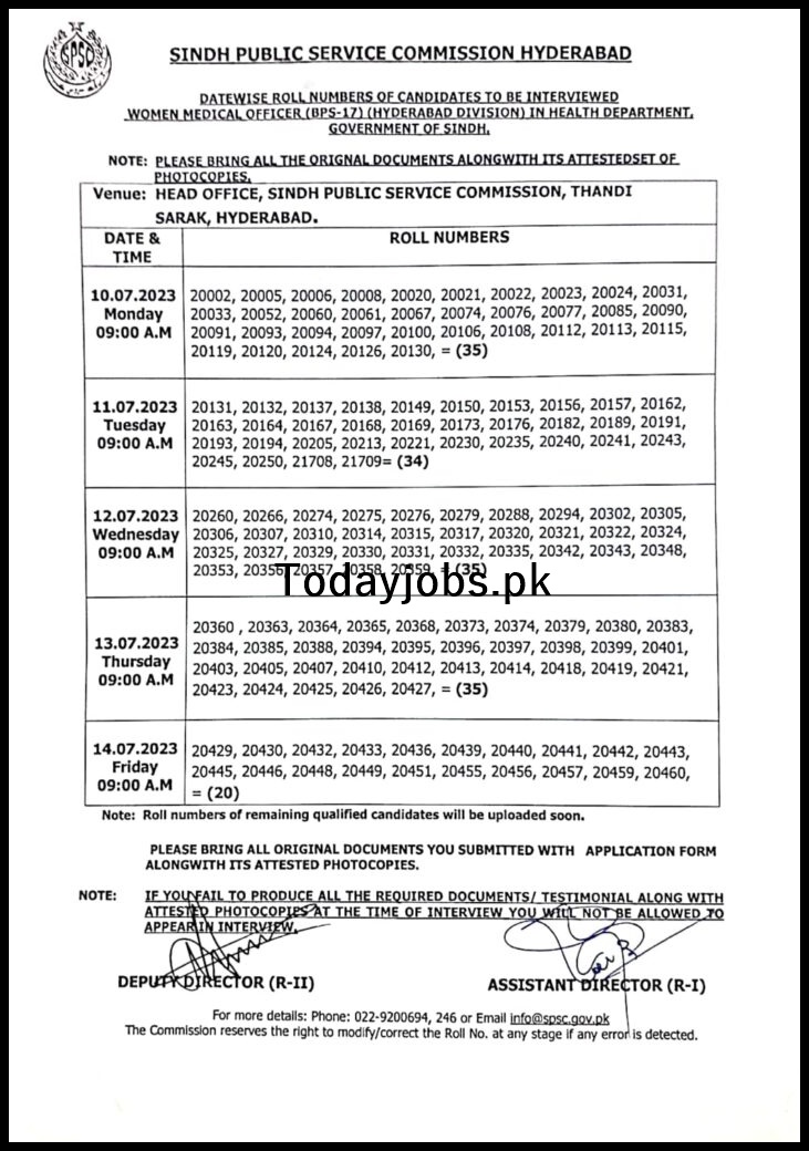 Health Department Sindh SPSC Interview Schedule 2024