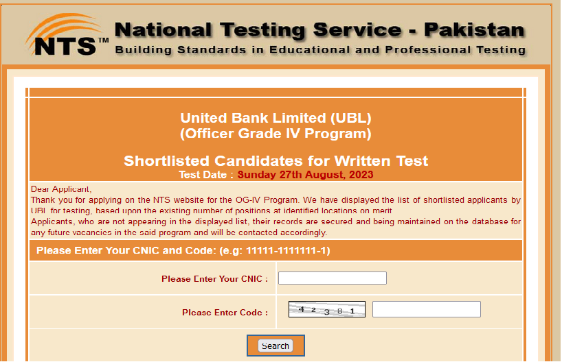 UBL NTS Roll No Slip 2023 Download 27 August Test
